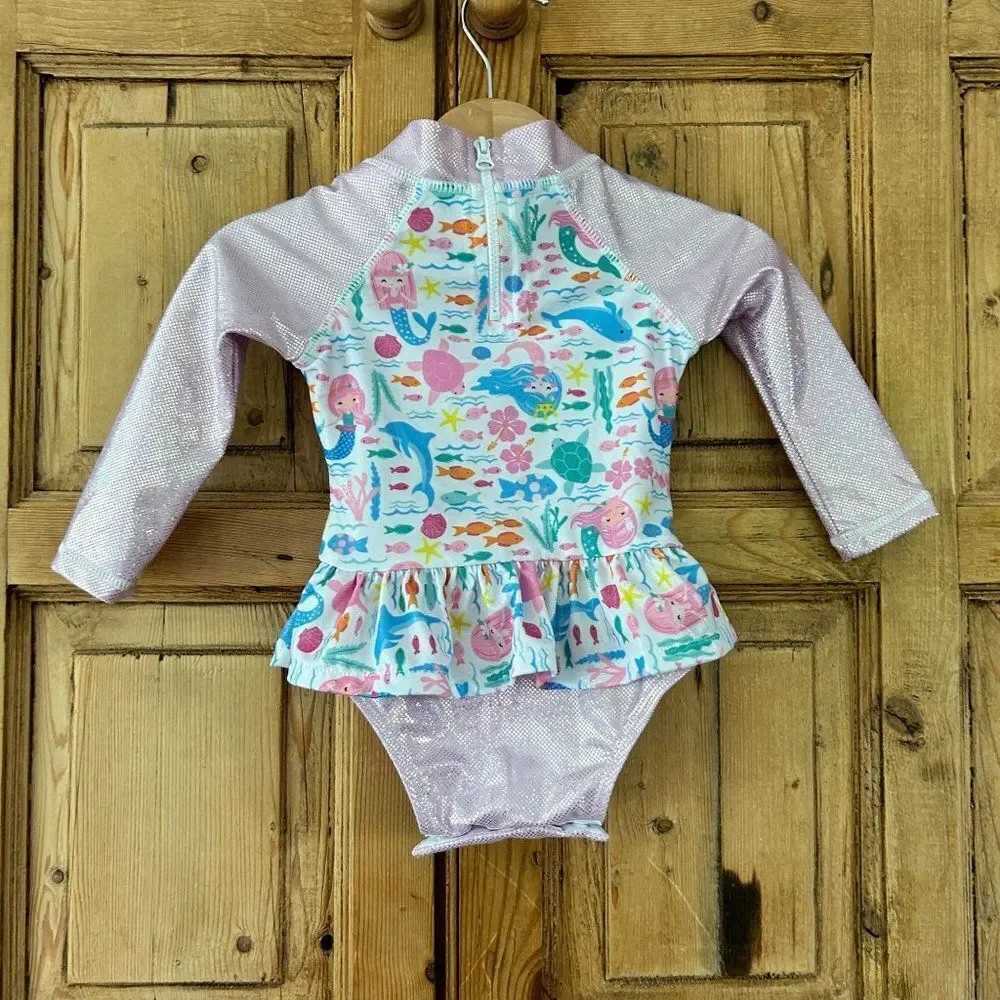 NWT FlapHappy 6M UPF 50+ Rashguard Swimsuit Mermaid‎ Fish Glitter Pink Baby